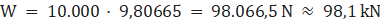 Cálculo do peso da carga: W = 10.000 × 9,80665 ≈ 98,1 kN